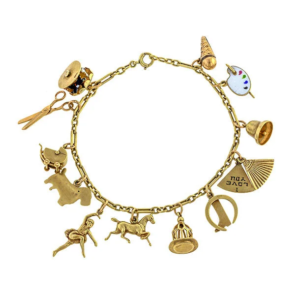 gold bangle bracelets for women -Vintage Charm Bracelet with Movable Charms