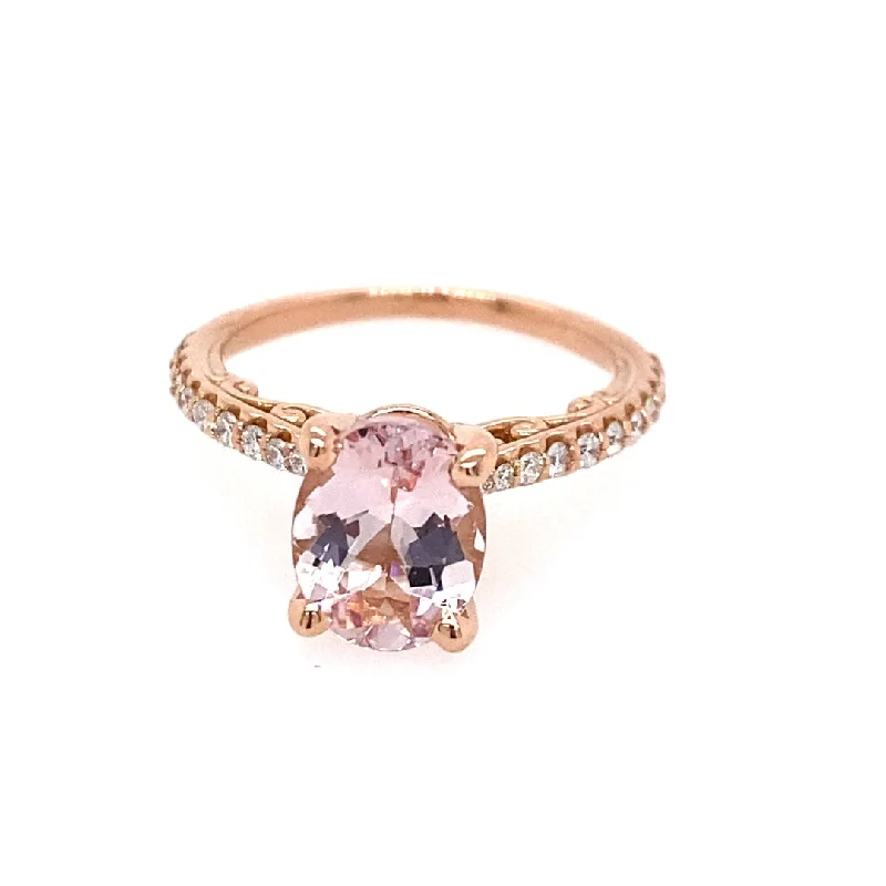 luxury gemstone rings for women -14K Rose Gold 1.97ctw Oval Morganite & Diamond Scroll Ring