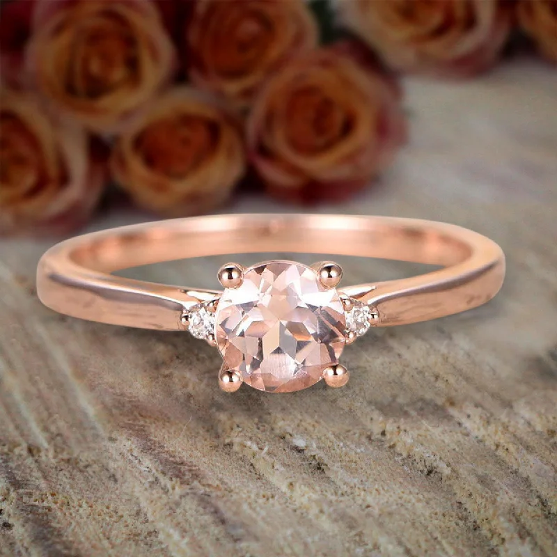 custom gold engagement rings -Limited Time Sale Trilogy Three Stone 1.10 Carat Round Cut Morganite And Diamond Moissanite Engagement Ring 10k Rose Gold