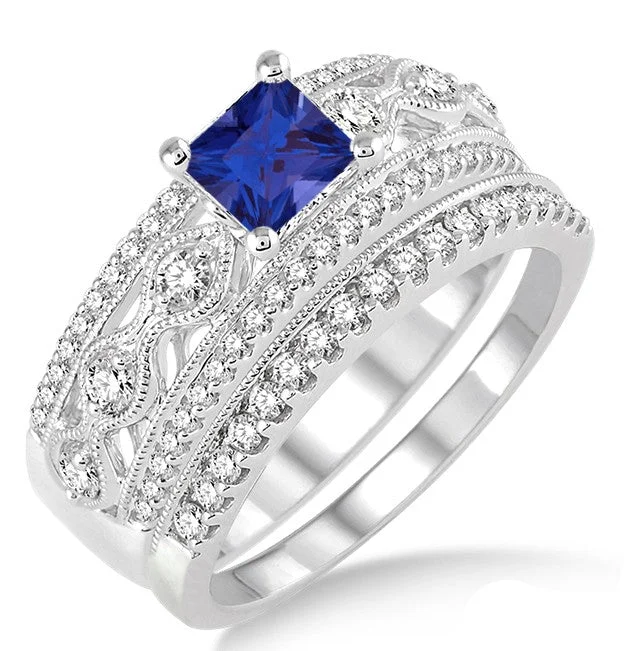 silver engagement rings -1.5 Carat Sapphire and Moissanite Diamond Antique Bridal Set Engagement Ring on 10k White Gold