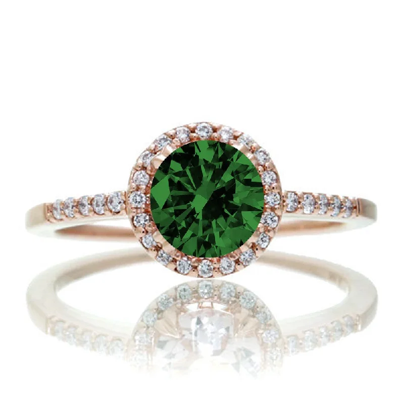 vintage style engagement rings -1.5 Carat Round Classic Emerald and Moissanite Diamond Vintage Engagement Ring on 10k Rose Gold