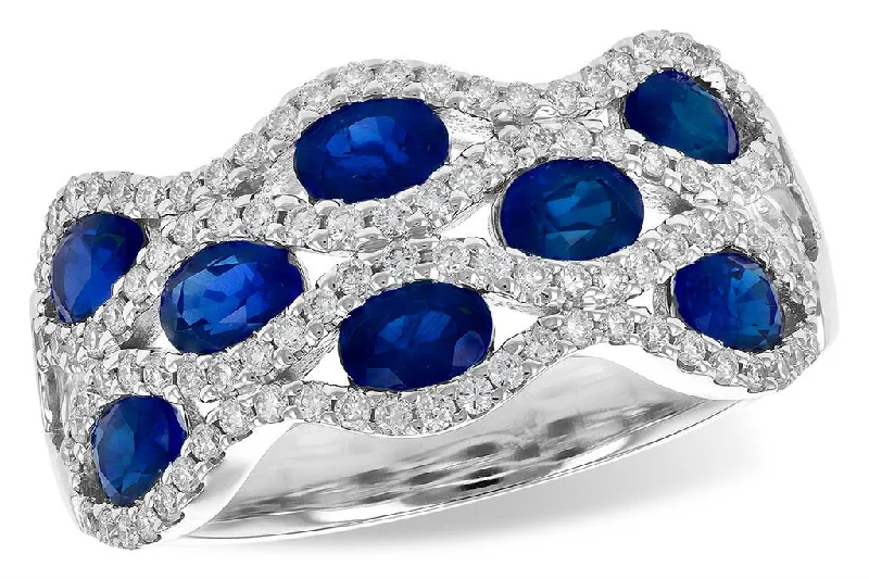 adjustable rings for women -14K White Gold 2.18ctw Oval Blue Sapphire & Diamond Multi Row Ring by Allison Kaufman