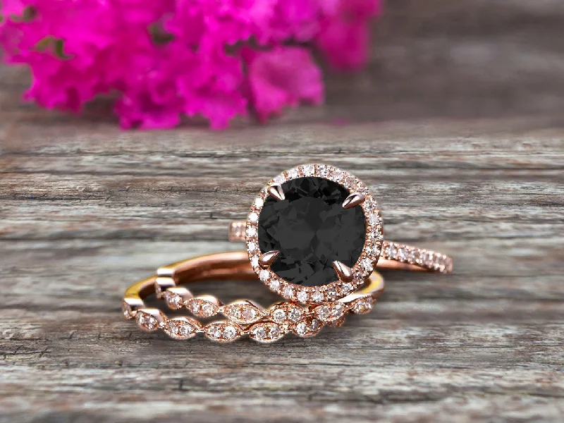 diamond cluster engagement rings -10k Rose Gold 2 Carat Round Cut Black Diamond Moissanite Trio Set Engagement Ring Halo Stacking Matching Band