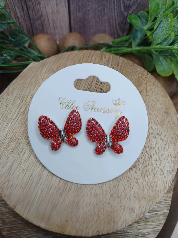 sparkling drop earrings for women -Red Rhinestone Butterfly Earrings