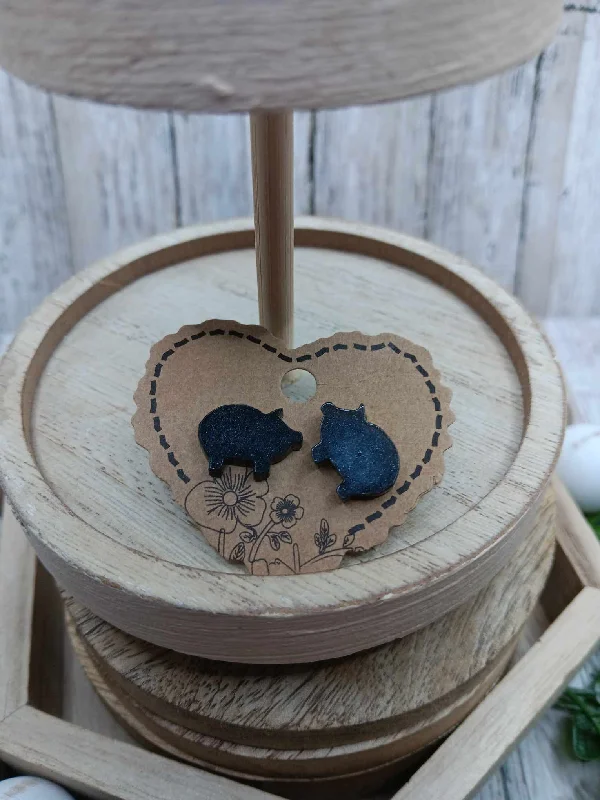 creative earrings for women -Black Glitter Pig Earrings