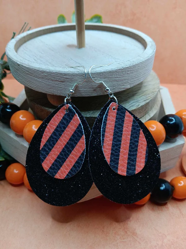 artistic earrings for women -Double Layered Black Glitter w/ Orange Striped Leather Style Earrings