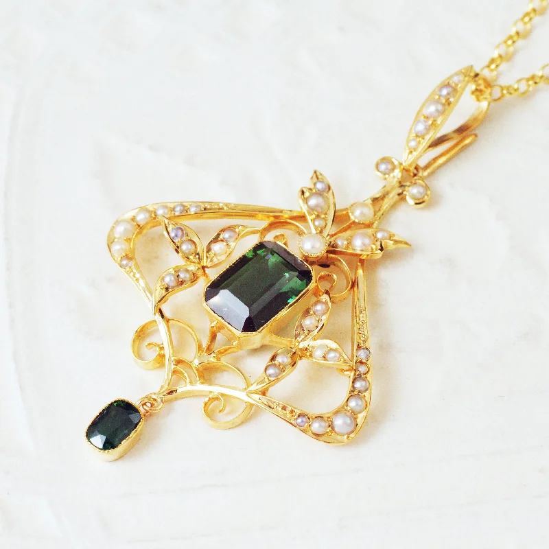 stacked necklaces for women -Edwardian Art Nouveau 15ct Gold Tourmaline Pendant