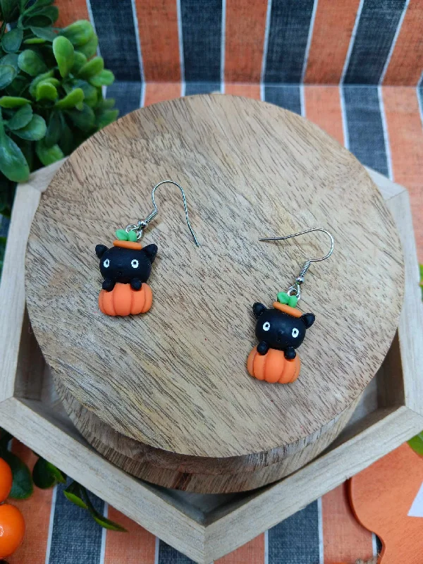 geometric earrings for women -Black Cat Sitting on a Pumpkin Earrings