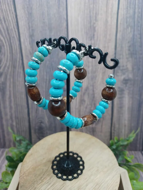 women’s bridal earrings -Turquoise Crackle Stone & Wooden Beaded Hoop Earrings