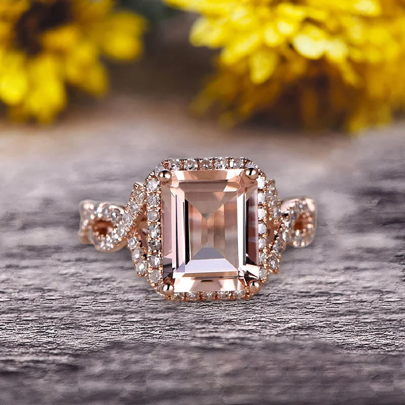 engagement rings with rubies -1.50 Carat Emerald Cut Pink Morganite Engagement Ring 10k Rose Gold Promise Ring for Bride or Anniversary Gift Startling Jewelry Twisted Across Design Halo Art Deco