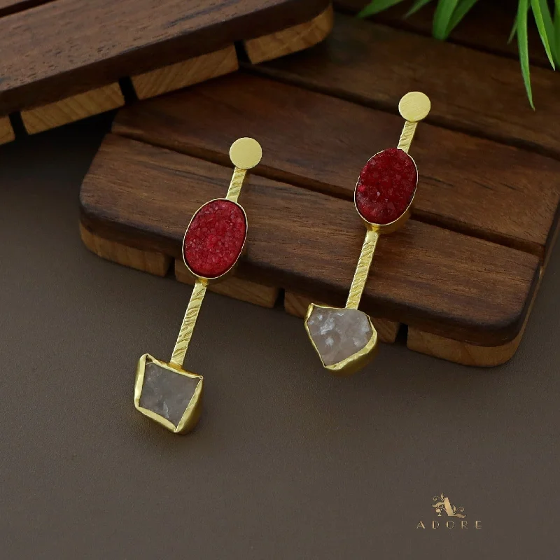 dangling gold earrings for women -Amelia Golden Coin Textured Stick Raw Stone Earring