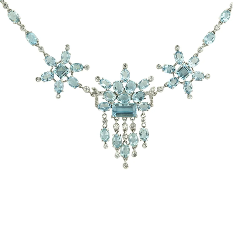 luxury fashion necklaces for women -Aquamarine Diamond Platinum Fringe Necklace Circa 1950s