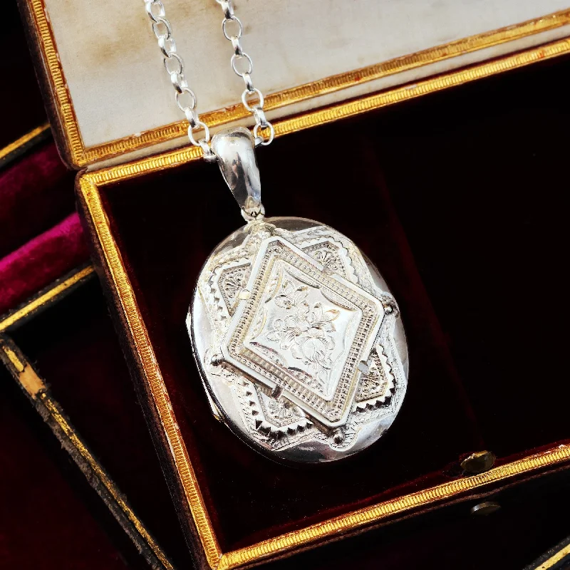 women’s crystal charm necklaces -Date 1880 Victorian Silver Locket & Chain