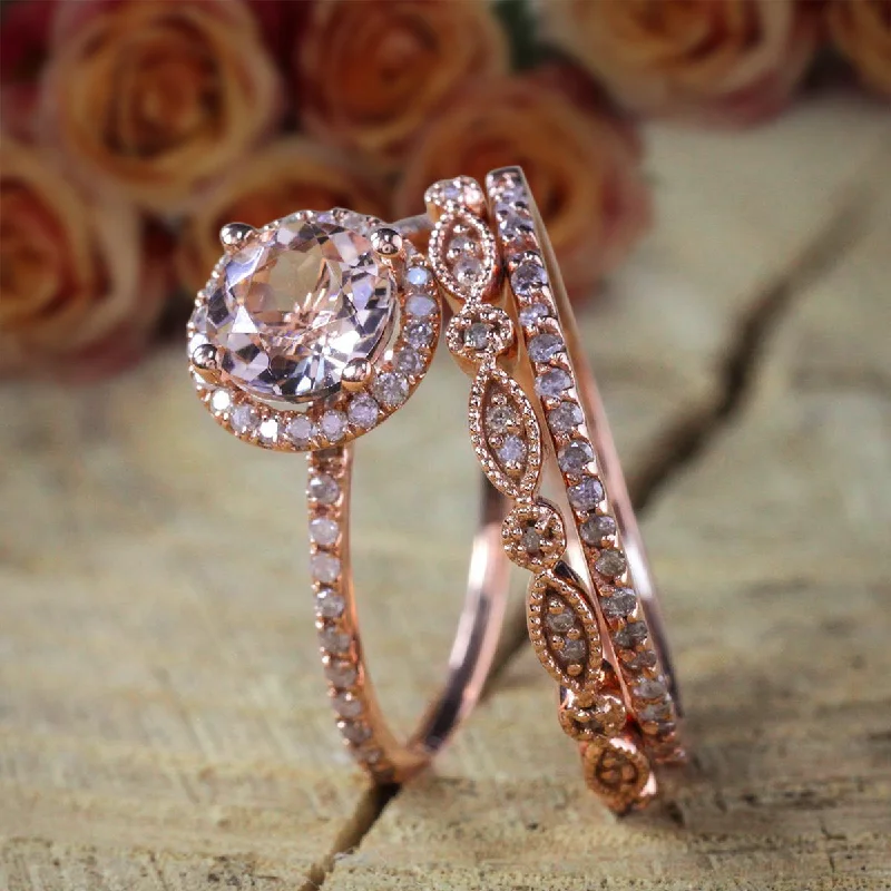 timeless engagement rings for women -Classic Halo Art Deco Rond Cut 2 Carat Morganite And Diamond Moissanite Trio Ring Set 10k Rose Gold 1 Halo Engagement Ring And 2 Wedding Bands