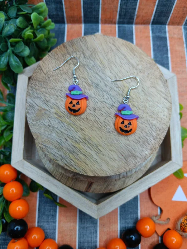 dangling gold earrings for women -Jack O' Lantern Wearing a Witch's Hat Earrings