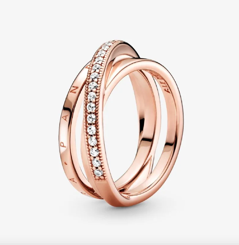 two-tone rings for women -Crossover Pavé Triple Band Ring