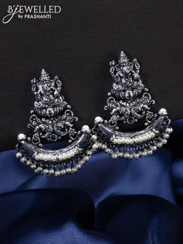 flower-shaped earrings for women -Oxidised Earrings ganesha design with kemp stones and pearl hangings