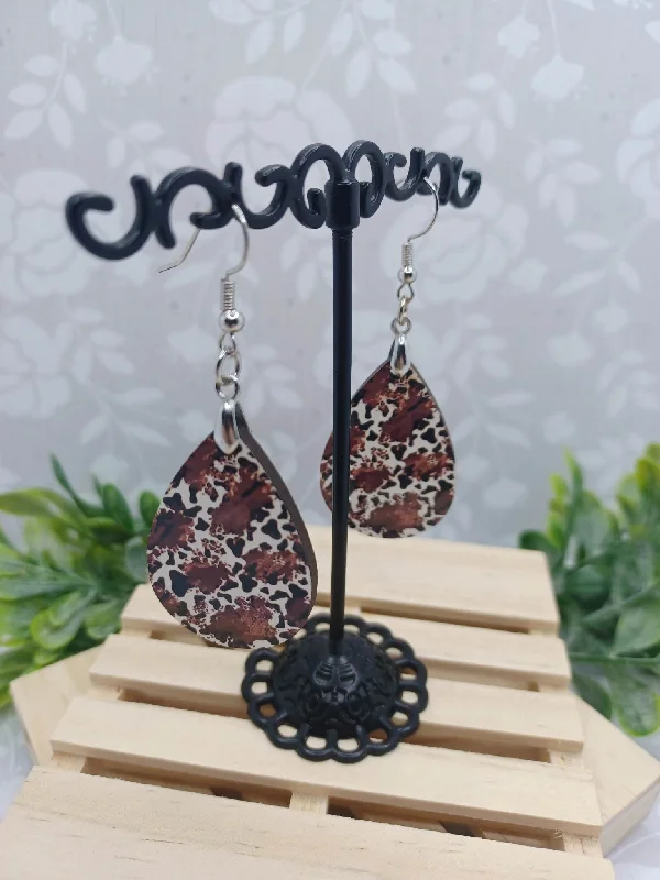 sparkling earrings for women -Wooden Cow Print Teardrop Earrings