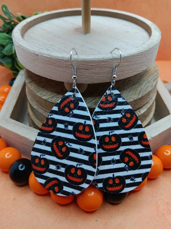 pearl drop earrings for women -Striped Jack O' Lantern Leather Style Earrings