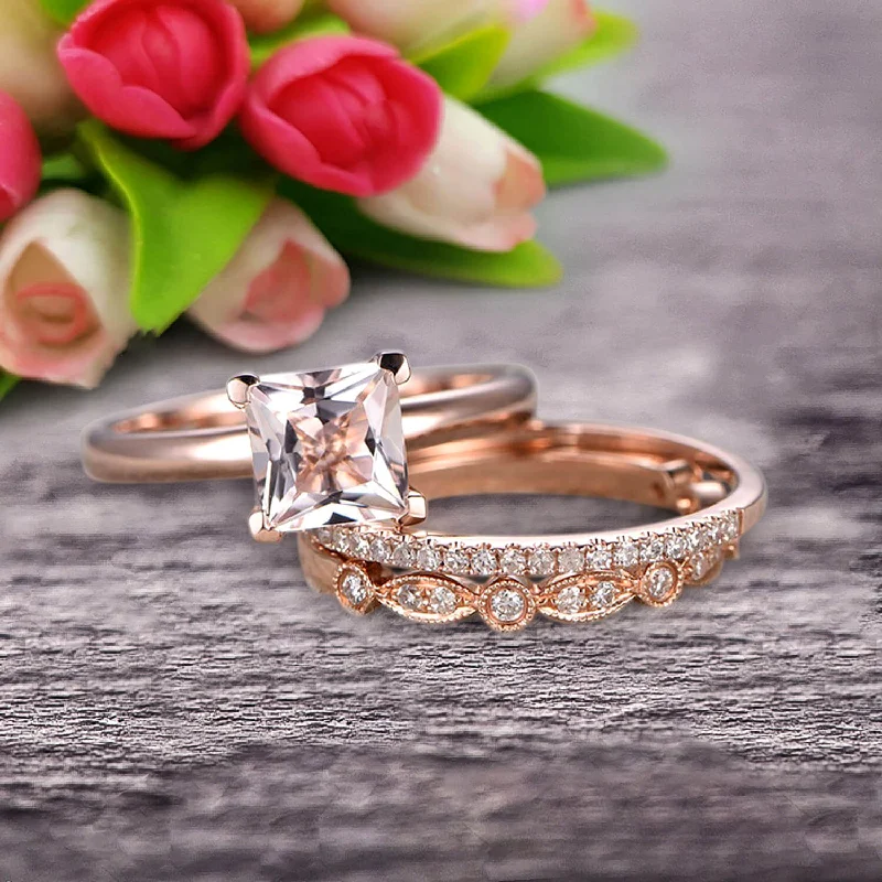 customized engagement rings -Trio Set 1.50 Carat Princess Cut Morganite Wedding Set Engagement Ring Anniversary Ring On 10k Rose Gold Art Deco With Matching Band Shining Startling Ring