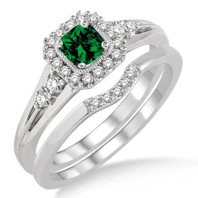 women’s engagement ring sets -1.5 Carat Emerald Bridal Set Halo Engagement Ring Bridal Set on 10k White Gold