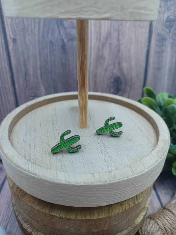 women’s bridal earrings -Green Wooden Cactus Earrings