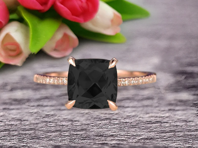 affordable custom engagement rings -Cushion Cut 1.50 Carat Black Diamond Moissanite Engagement Ring Rose Gold 10k Basket Design Claw Prong Art Deco