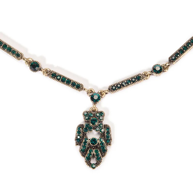 hand-crafted gold necklaces for women -Brass and Emerald Art Deco pendant Necklace: 1920s crystal necklace