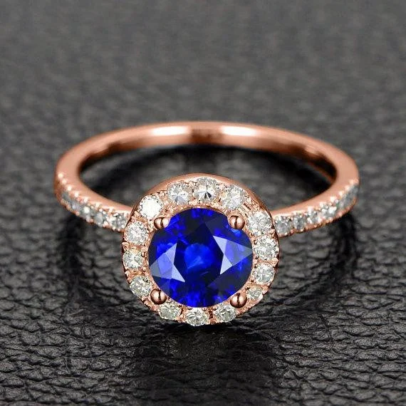 trendy engagement rings for women -1.25 Carat Blue Sapphire and Moissanite Diamond Engagement Ring in 10k Rose Gold for Women on Sale