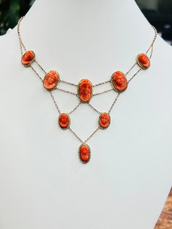 women’s sparkling necklaces -Victorian 8 Coral Cameo Festoon 14k Gold Necklace Circa 1890