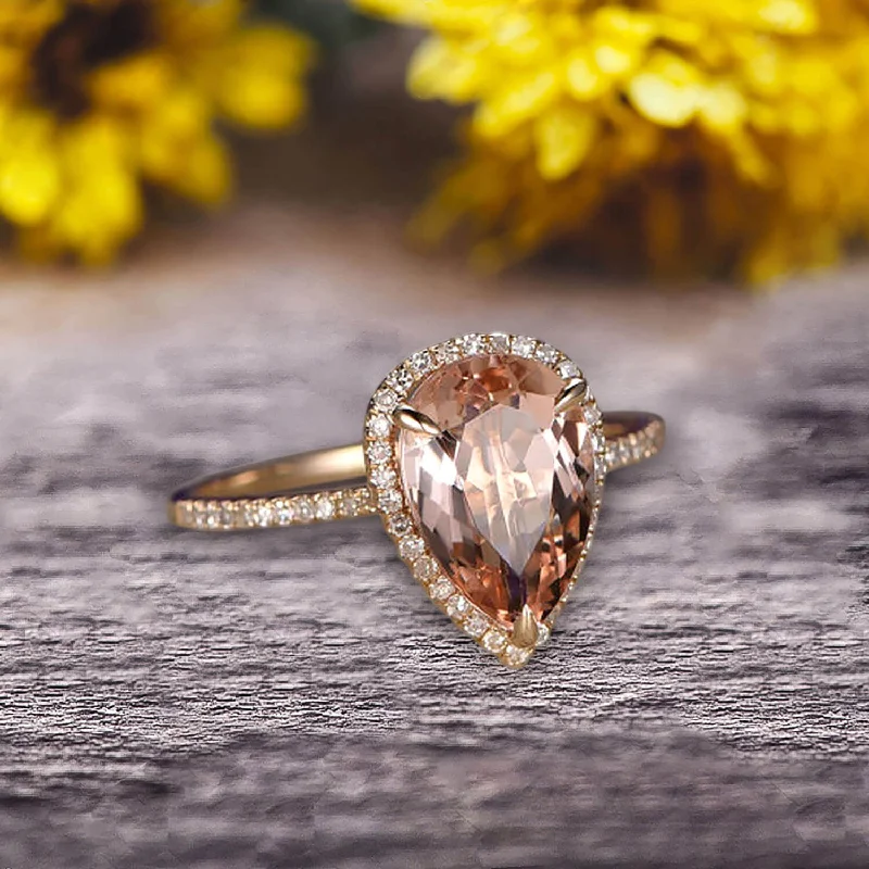 engagement rings for non-traditional brides -Surprisingly Ring 1.50 Carat Pear Shape Morganite Engagement Ring Solid 10k Rose Gold Promise Ring Pave Set Vintage Look