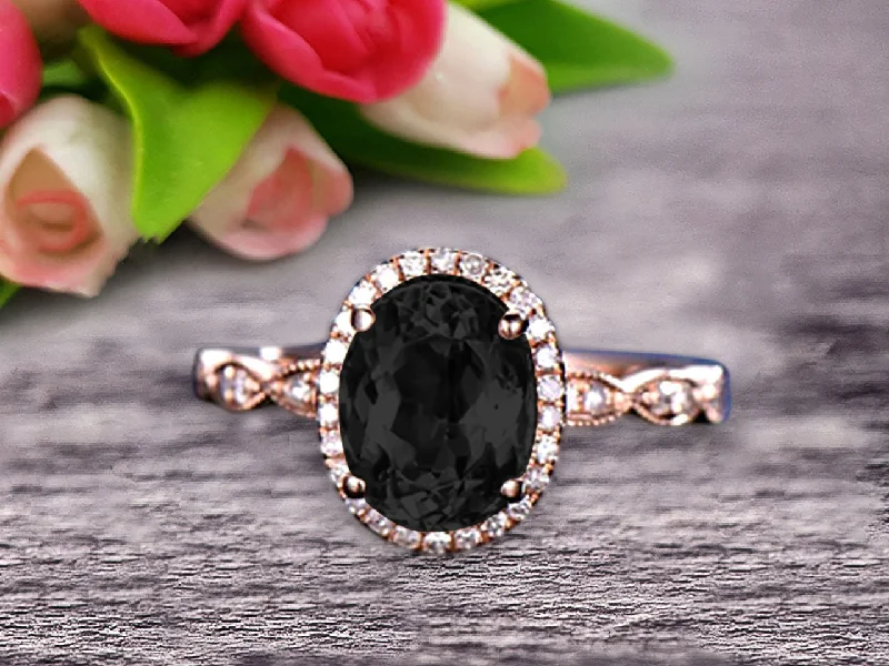 fancy cut engagement rings -Oval Cut 1.50 Carat Black Diamond Moissanite Engagement Ring Solid 10k Rose Gold Black Diamond Moissanite Halo Anniversary Ring