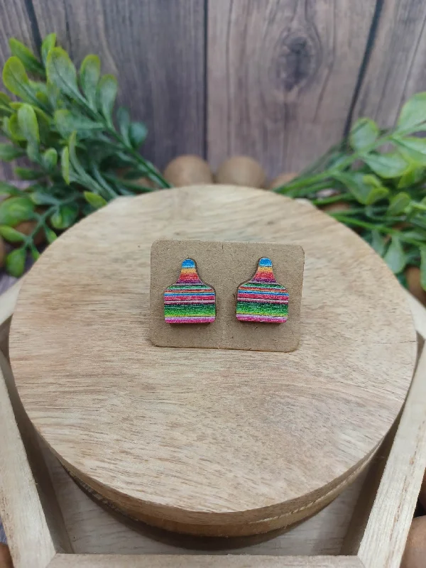 sparkling drop earrings for women -Striped Cow Tag Wooden Earrings