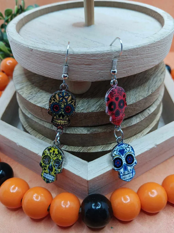 women’s trendy drop earrings -Yellow, Red, & Blue Day of the Dead Skeleton Earrings