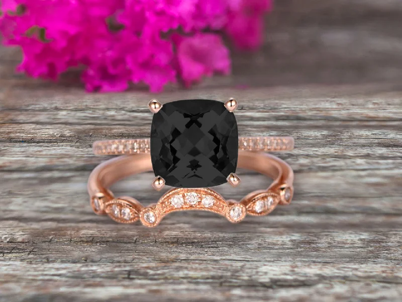 timeless engagement rings for women -1.75 Carat 2Pcs Black Diamond Moissanite Wedding Ring Set Cushion Cut Black Diamond Moissanite Engagement Ring On 10k Rose Gold Curved Art Deco Matching Wedding Band Personalized for Brides