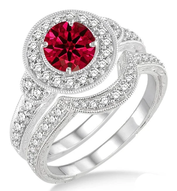 round cut engagement rings for women -1.50 Carat Ruby Antique Halo Bridal Set Engagement Ring on 10k White Gold