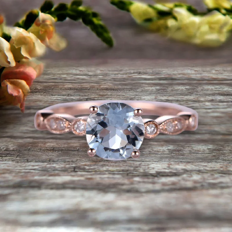 alternative engagement rings -1.25 Carat Wedding Ring Aquamarine Engagement Ring Round Cut Art Deco 10k Rose Gold Anniversary Gift Personalized for Brides