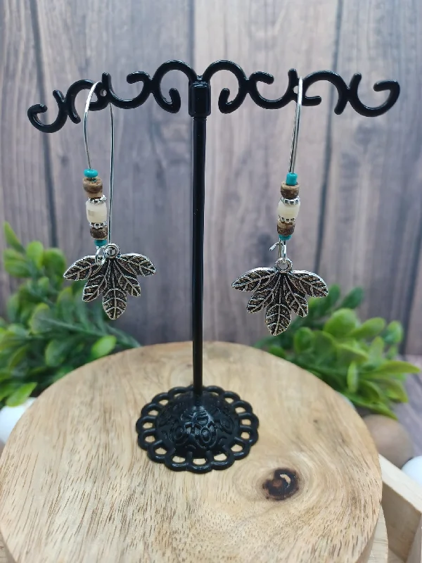 vintage earrings for women -White, Brown, & Turquoise Beaded Earrings w/ Leaves