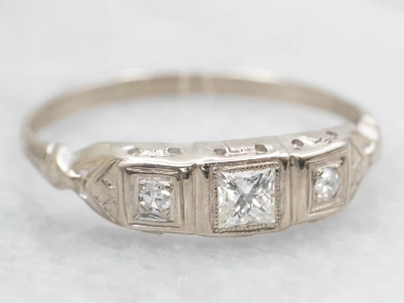 wedding set engagement rings -Early Retro Era Princess Cut Diamond Engagement Ring