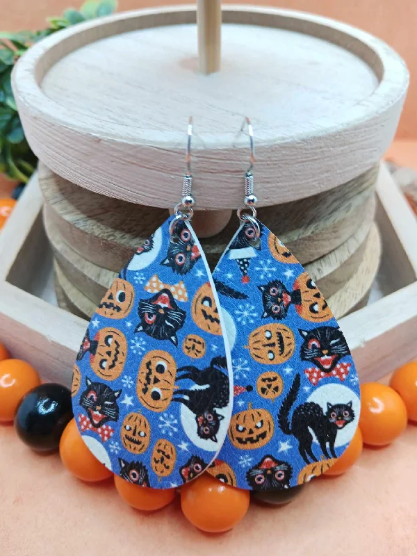 matching earrings for women -Blue Halloween Themed Earrings w/ Jack O' Lanterns & Cats