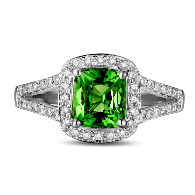 classic engagement rings for women -Beautiful 2 Carat cushion cut Emerald and Moissanite Diamond Halo Engagement Ring in White Gold