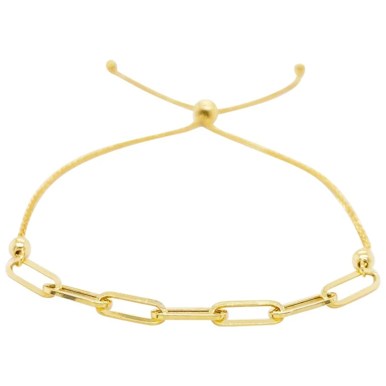 bridal bracelets for women -Paper Clip Bracelet with Bolo Adjustable Clasp in 14K Yellow Gold