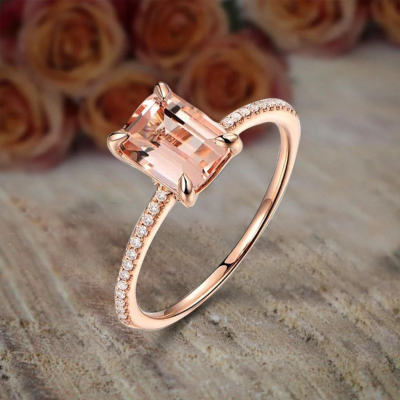 women’s stackable engagement rings -Sale: 1.25 Carat Morganite Emerald Cut And Diamond Moissanite Engagement Ring in 10k Rose Gold