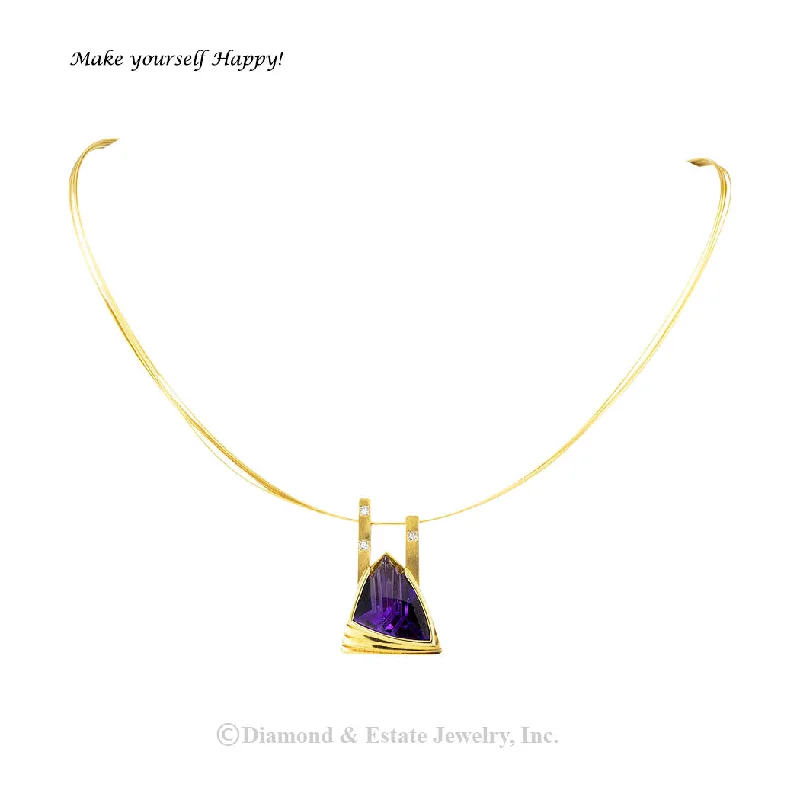 statement pendant necklaces for women -Fantasy Cut Amethyst Princess Cut Diamond Yellow Gold Necklace