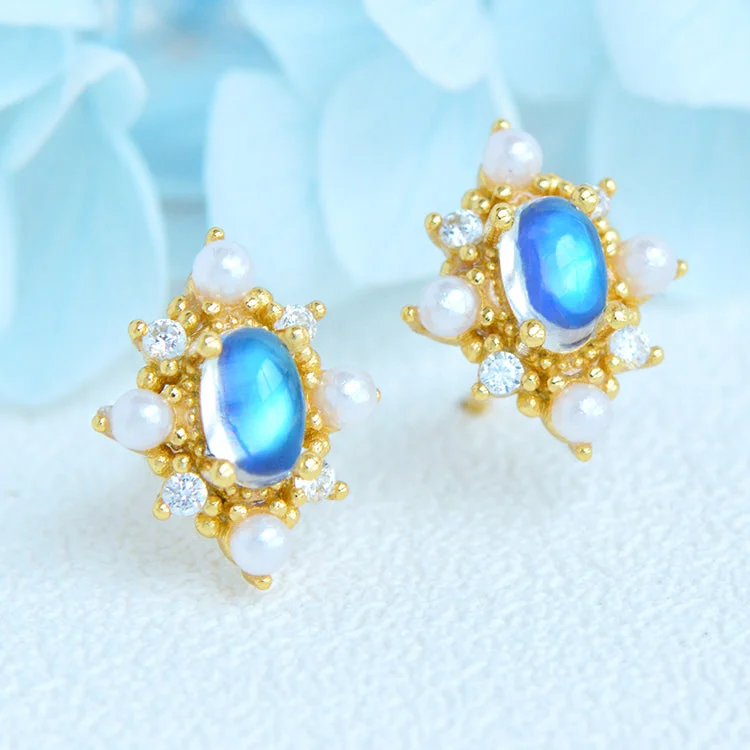 affordable diamond earrings for women -Chic Ladies Genuine Moonstone Stud Earrings Gold Plated Silver For Women