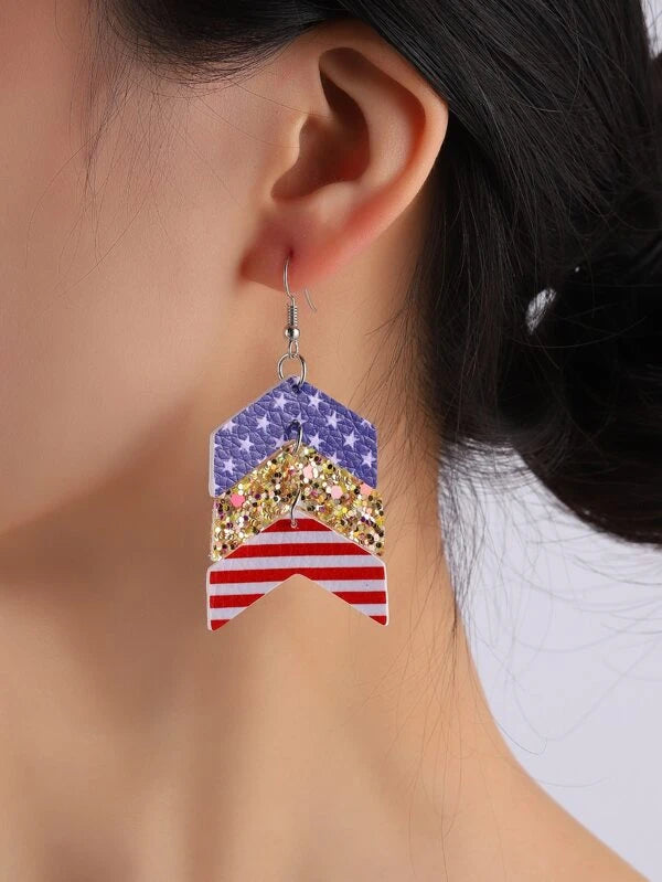 dangling gold earrings for women -Arrow Design Red, White, Blue, and Gold Glitter Earrings