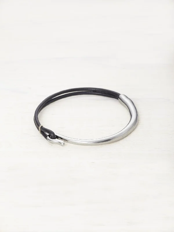 vintage bangle bracelets -Mens Leather Bar Bracelet - Black