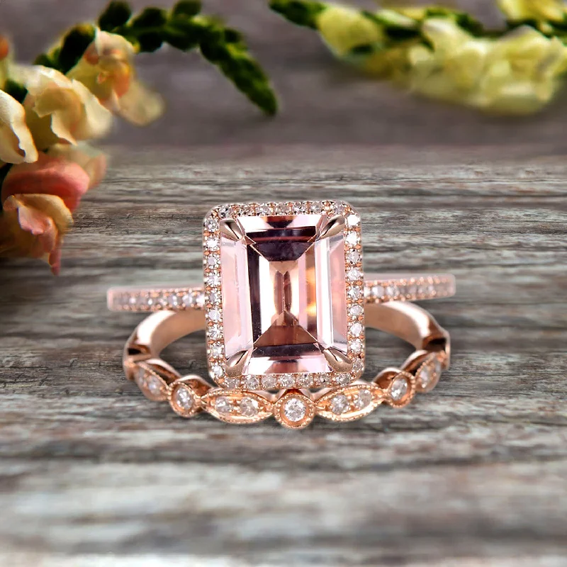 timeless engagement rings for women -1.75 Carat Emerald Cut Morganite Engagement Ring Set Bridal Ring 10k Rose Gold Art Deco Halo Stacking Matching Band Shining Startling Ring Gift