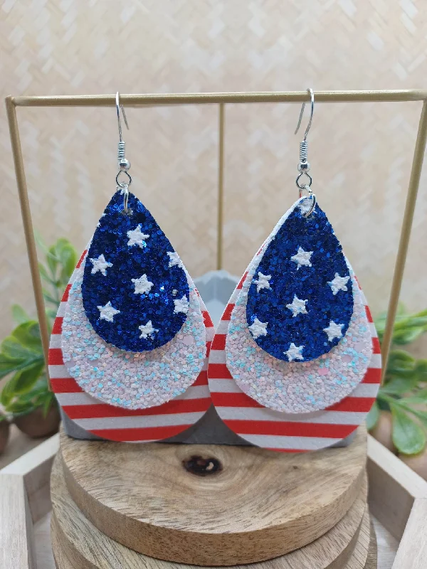 custom earrings for women -Red, White, & Blue Layered Leather Style Earrings w/ Glitter