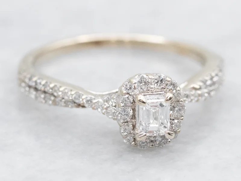 women’s vintage diamond engagement rings -Modern Emerald Cut Diamond Halo Engagement Ring